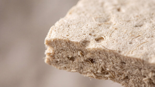 Extreme close-up of molded pulp packaging material showing rough natural fibers, porous surface and layered texture. Sustainable biodegradable packaging detail with soft neutral copy space.
