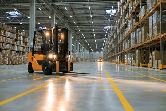 現代の広大な倉庫で荷物を運ぶフォークリフト産業風景