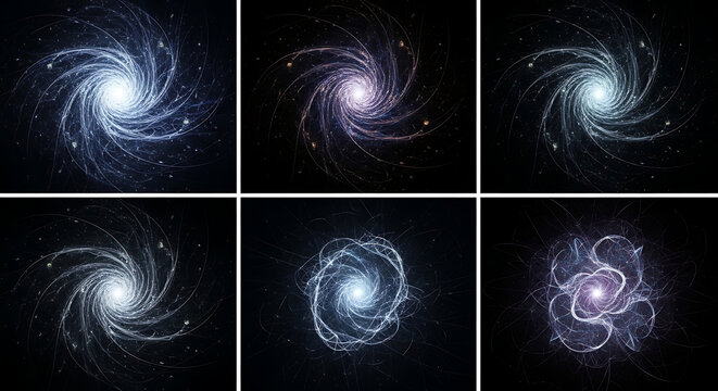 A collection of six glowing spiral light patterns against a solid deep black background with formations swirling energy