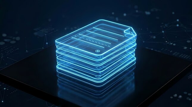 Digital document stack glowing neon icon on dark background