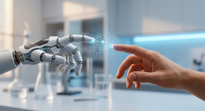人間の手とAIを内蔵したサイバネティックなロボット義手が指先で触れ合い、青いネットワークエネルギーが閃光する未来の研究室のコンセプトイラスト