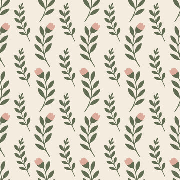 Pink flower bud and leaf branch seamless pattern on soft beige background.