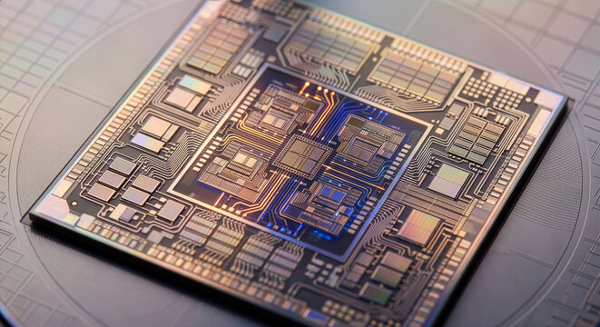 シリコンウエハー上に配置された微細な電子回路と半導体マイクロチップ、次世代の人工知能や最先端ITハードウェアテクノロジーを表現した精密なマクロイラスト