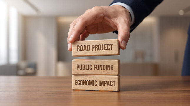 Public Funding for Road Project and Economic Impact Concept with Wooden Blocks