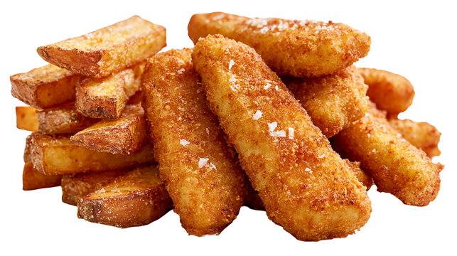 Golden crispy breaded fish sticks and rustic potato wedges with sea salt flakes