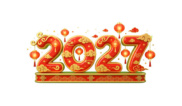 3D 2027 numbers with traditional Chinese lanterns and golden clouds for Lunar New Year celebration