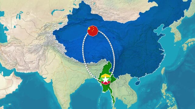 Animated Map Highlighting Regional Connection Between China and Myanmar Footage
