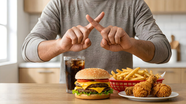Man making a cross gesture with hands to reject fast food on a wooden kitchen table