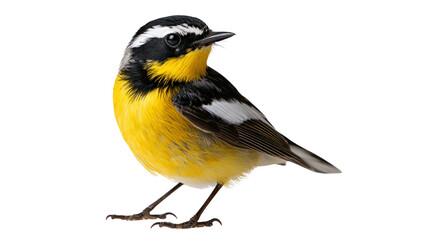 Obraz premium Yellow-rumped flycatcher with black and white plumage standing in profile