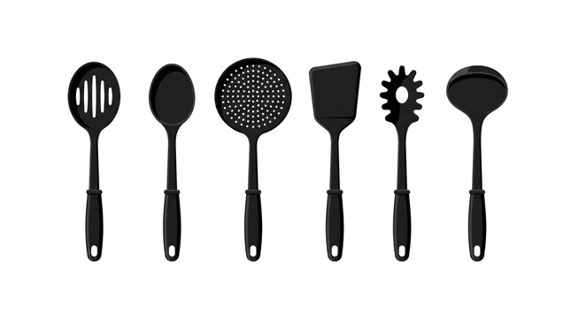 Collection of six black kitchen utensils including slotted spoons, serving spoons, skimmer spoons, and spatula, varied designs, arranged neatly on white background, vector illustration.
