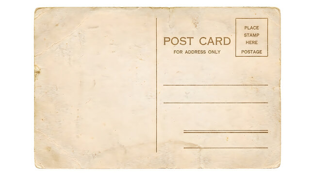 Vintage blank postcard back with aged paper texture and stamp area isolated on white