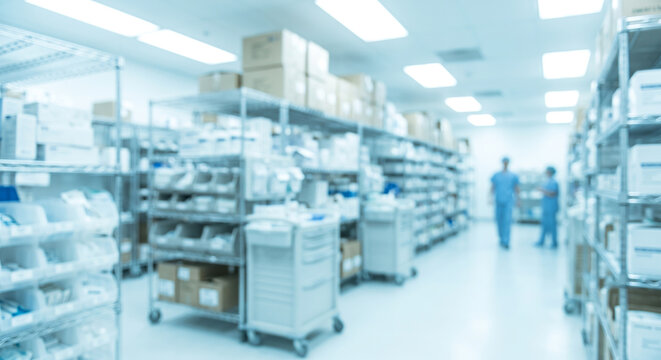 Sterile hospital pharmacy supply room shelves with blurred staff walking in hallway.