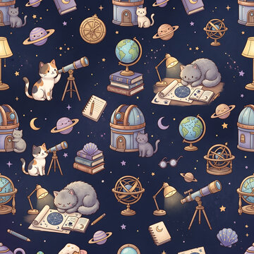 Cute Astronomer Cat Observatory Seamless Pattern with Telescopes and Stars
