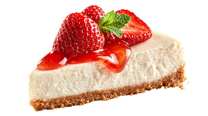 Creamy cheesecake slice topped with fresh strawberries and red berry glaze © Lyra