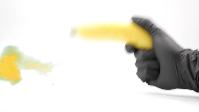 Hand hold yellow banana action like hold a gun and Gun Shot From Hand Pistol Gun muzzle explosion isolatedon white background. Bright fire flash, sparks and smoke.
