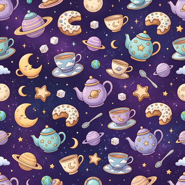 Whimsical Cosmic Tea Party Seamless Pattern with Teacups and Moon Cakes