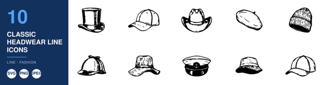Classic Headwear Line Icons Set, Featuring Baseball Caps, Fedoras, Beanies, and More