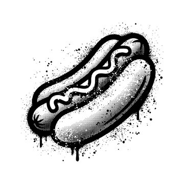 Black and white spray paint graffiti style hot dog with mustard