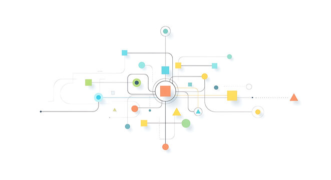Abstract network diagram with colorful geometric shapes and connecting lines on a white background with interconnected lines
