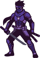 Fototapeta premium A ninja warrior stands poised with swords depicted in a flat purple vector illustration martialarts