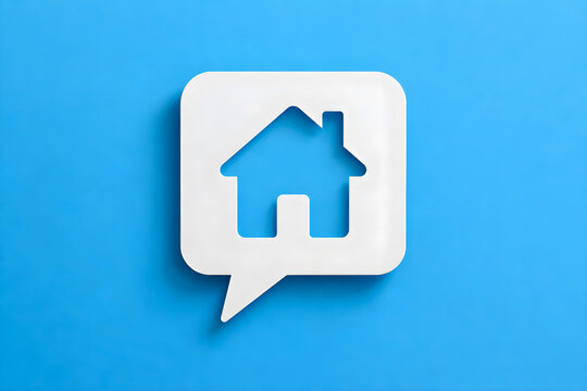 White house icon inside a speech bubble cutout shape isolated on a solid vibrant blue background featuring a soft drop shadow effect and minimalist flat design style for digital communication
