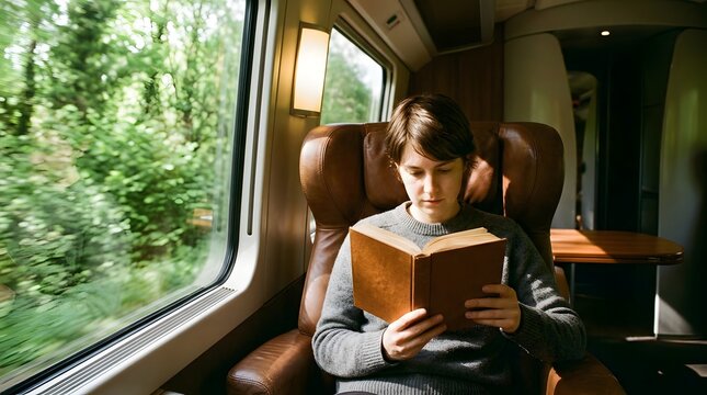 Young woman reading a book while traveling in a train passenger car