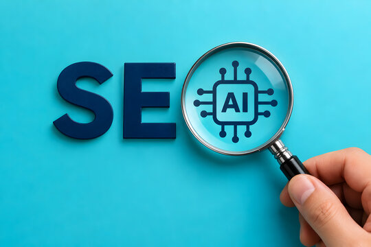Magnifying glass held by hand focuses on artificial intelligence icon representing digital search engine optimization strategy with blue letters placed on bright turquoise surface captured in high qua