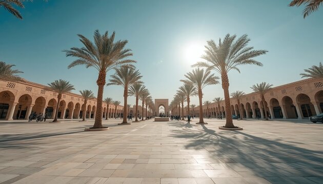 Deera Square in Riyadh, Saudi Arabia, features a wide open plaza lined with traditional arched buildings and numerous tall palm trees under a bright sunny sky, casting long shadows across.
