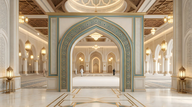 Ornate arched doorway inside a grand mosque with intricate marble architecture and warm lighting