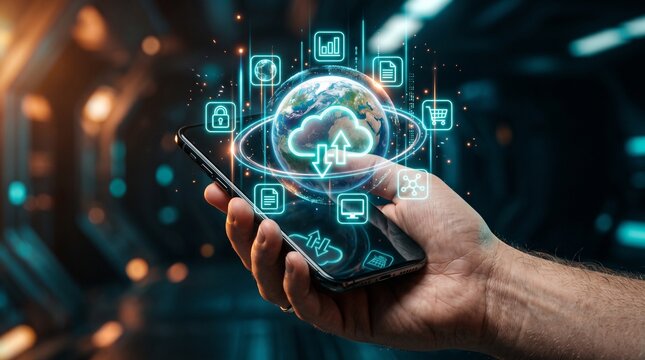Digital Cloud Technology: A hand holds a smartphone displaying a holographic interface of cloud computing icons orbiting a glowing Earth, symbolizing global data connectivity and modern technology.