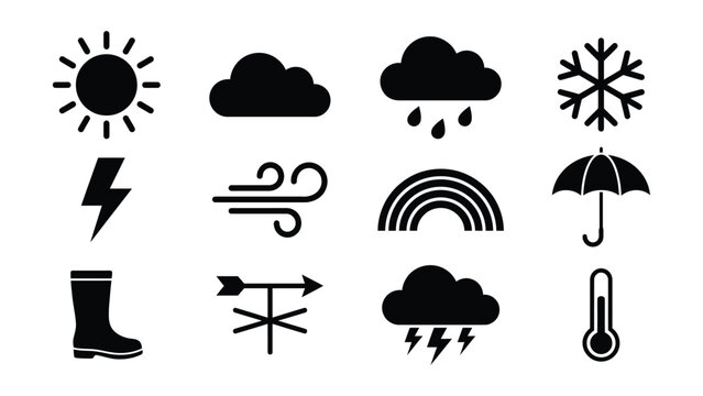 Set of twelve weather condition icons with transparent background for various uses