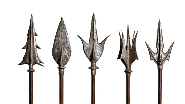 Five antique metal spearheads with wooden shafts of various shapes and designs