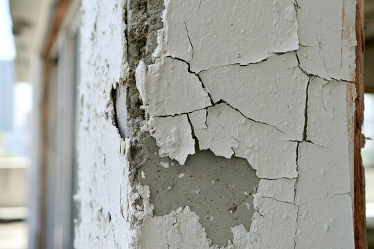 経年劣化でペンキが剥がれひび割れた建物の壁のクローズアップ