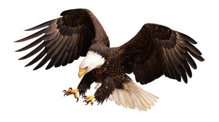 Majestic bald eagle in flight with wings spread and sharp talons extended © Lyra