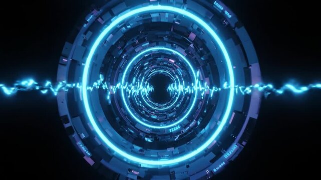 Blue neon singularity forming deep abstract circular vortex in dark space for technology concept. Glowing curved 3d lines spiral inward creating sense of motion and infinity for innovation visuals
