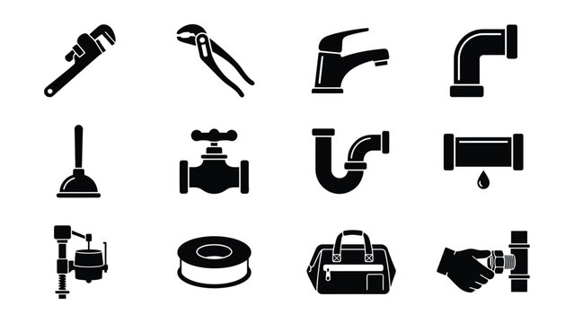 Set of twelve plumbing tools and fixtures icons with transparent background