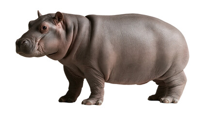 Fototapeta premium Young hippopotamus standing in profile with grey skin and rounded body shape
