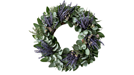 Lavender and eucalyptus foliage wreath with green leaves and purple flowers © Lyra