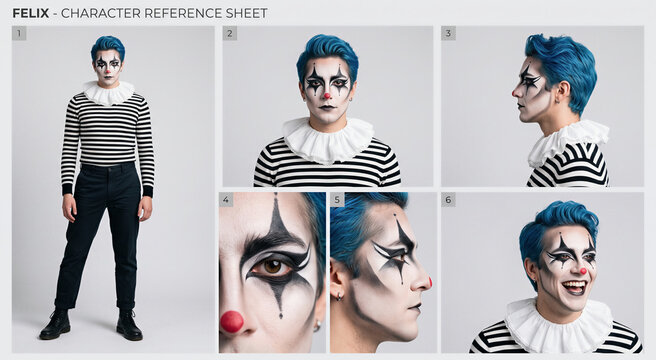Character reference sheet of man in clown makeup and striped shirt, various poses and closeups including profile and smiling views, theatrical performance, costume design, artistic portrait.