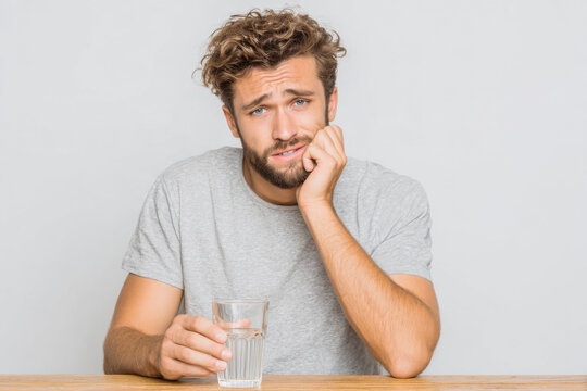 A sad and bored young man with a glass of water at a table. Seasonal blues, seasonal illnesses