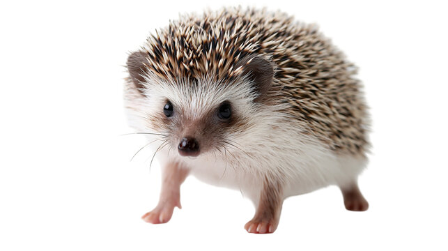 Small African pygmy hedgehog with brown and white quills standing on four legs