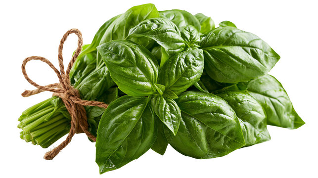 Fresh green basil herb bunch tied with rustic brown twine string