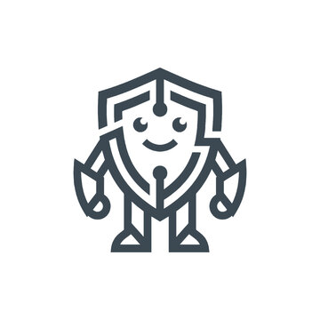 Minimalist cheerful humanoid robot figure with compliance badges, concept for corporate governance, regulatory standards, and business ethics implementation