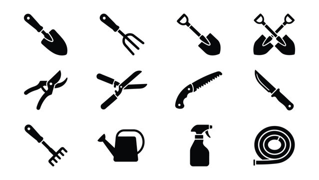 Set of twelve black garden and outdoor maintenance tools icons transparent background