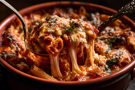 spoon scooping baked ziti with thick melted mozzarella strings