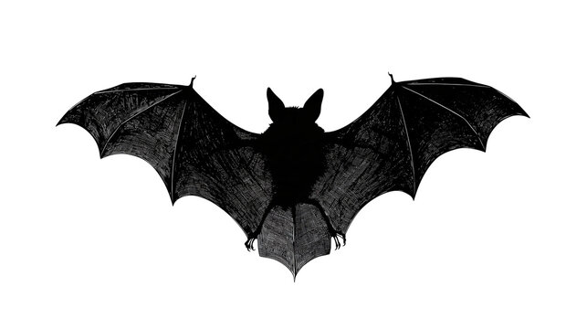 Detailed black silhouette of a flying bat with spread wings