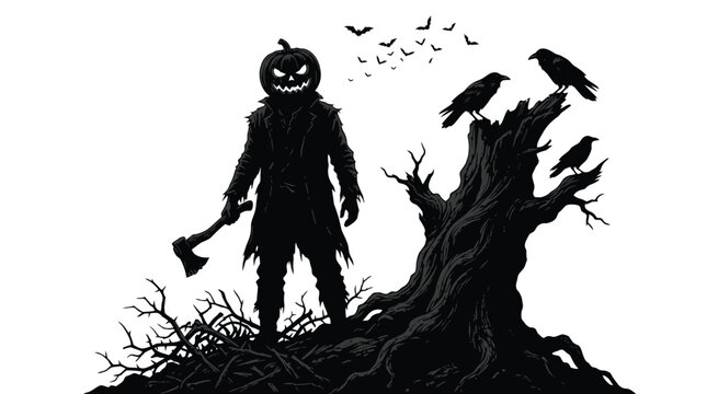 Scary pumpkin headed man holding sharp axe standing near dead tree with crows in high contrast black and white style