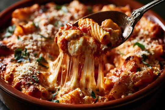 spoon scooping baked ziti with thick melted mozzarella strings