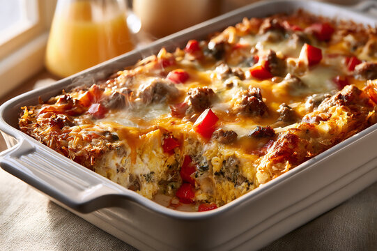 baked breakfast casserole with golden hashbrown crust and eggs