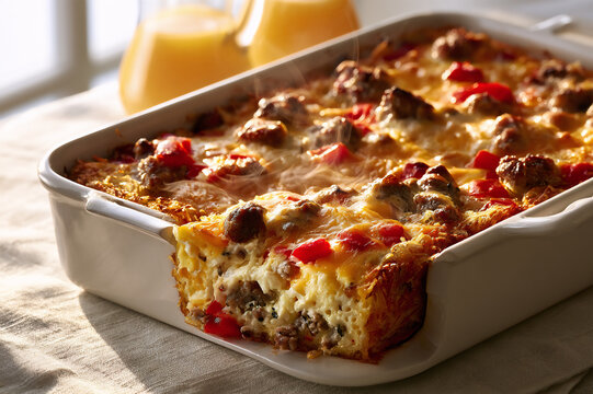 baked breakfast casserole with golden hashbrown crust and eggs